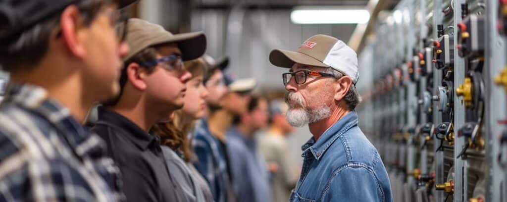 A group of people wearing hats and glasses inspects control panels in an industrial setting.