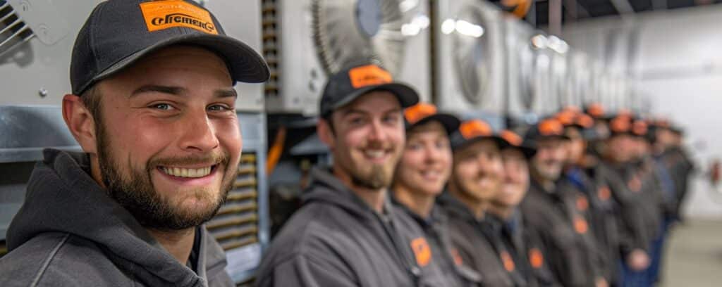 A line of workers in matching uniforms and hats, smiling in a factory setting.