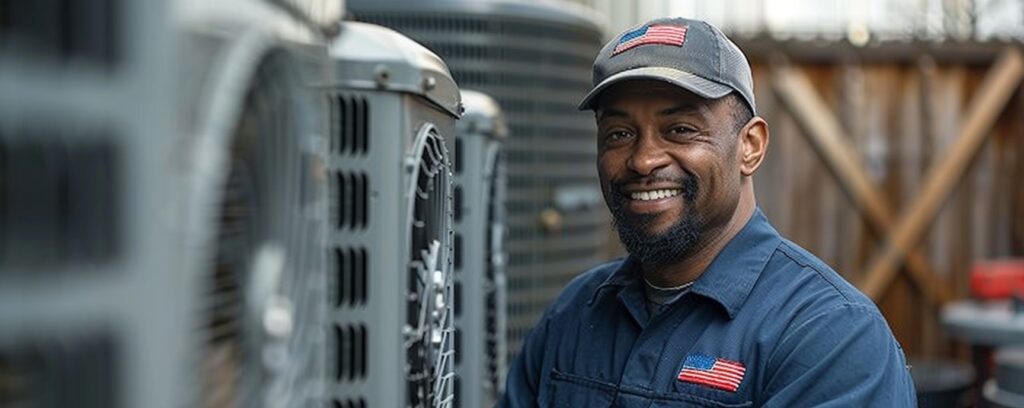 Smiling technician in uniform with American flag patch, standing next to air conditioning units.