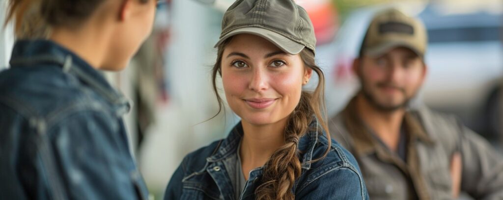 Three people in casual attire and caps, with one smiling woman in focus, outdoors in a light setting.