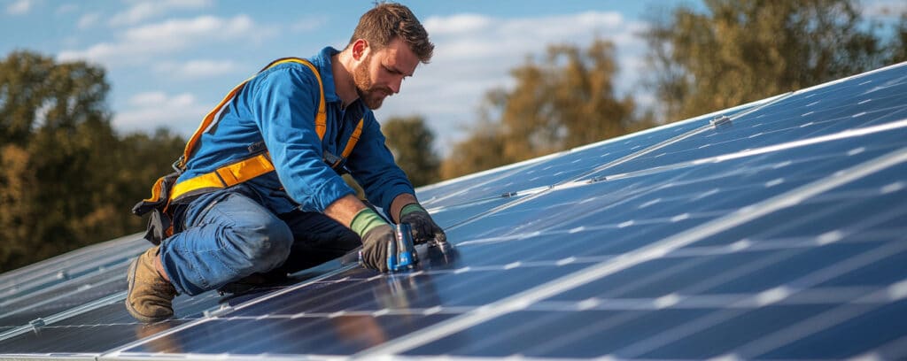 A worker in blue overalls installs solar panels on a roof under a clear sky.