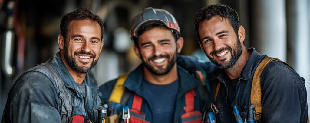 Three smiling workers in protective gear, standing close together in a workshop setting.