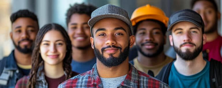 A diverse group of seven people smiling, wearing casual and work attire, standing closely together outdoors.