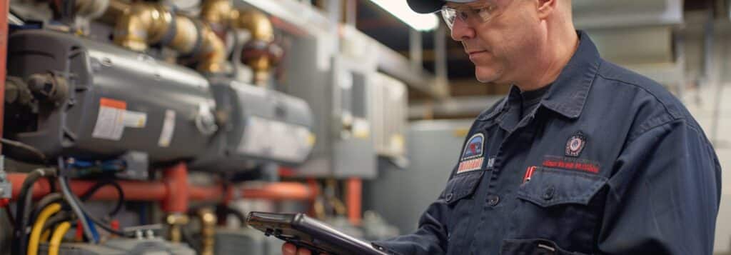 Technician in uniform inspecting industrial equipment, holding a tablet in a mechanical room.