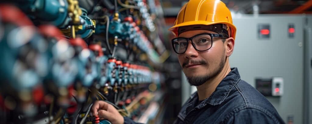 A worker in a hard hat and glasses operates industrial controls in a facility.