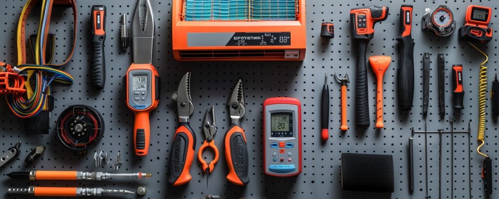 A variety of tools and gadgets neatly organized on a gray pegboard.