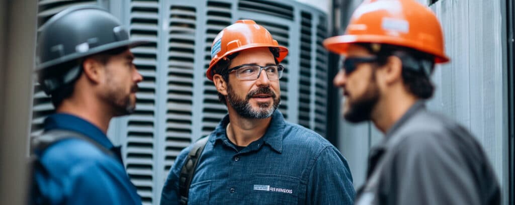 Three workers wearing helmets and safety glasses talk outdoors near industrial metal grates.