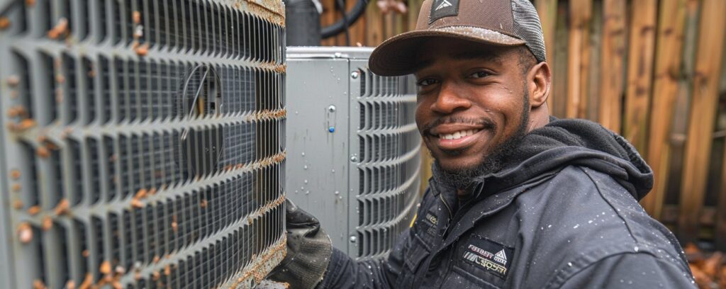 Technician in a jacket and cap smiling while inspecting outdoor HVAC units on a rainy day.