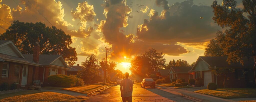 Person walking down a suburban street at sunset, with golden clouds and vibrant sun rays in the sky.