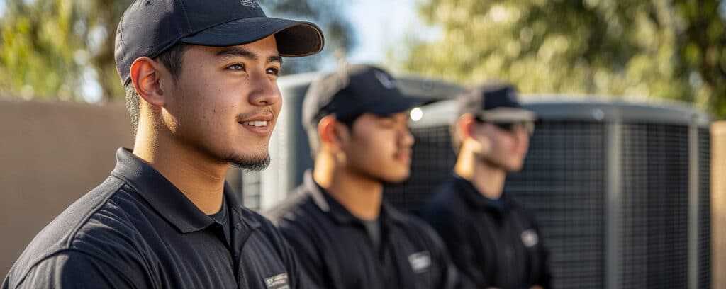 Three smiling technicians in black uniforms and caps, standing in front of large HVAC units outdoors.