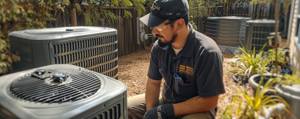 Technician examining an outdoor air conditioning unit in a garden setting.
