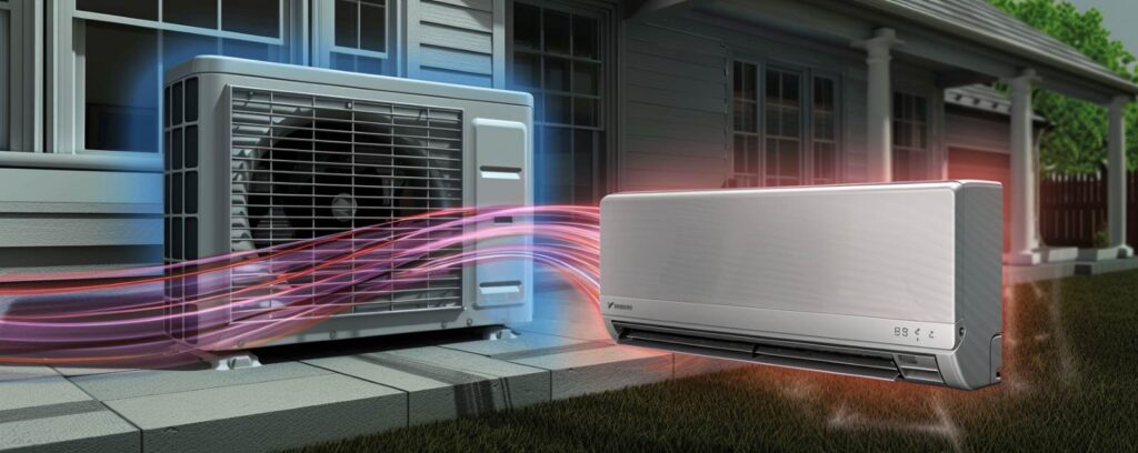 Illustration of an air conditioning unit outside a house, connected to an indoor unit with colorful airflow.