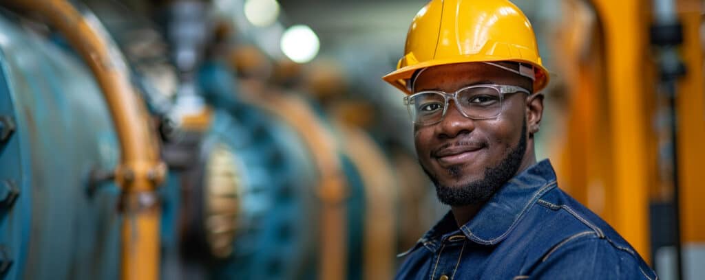 Smiling engineer wearing a yellow hard hat and glasses in an industrial setting.