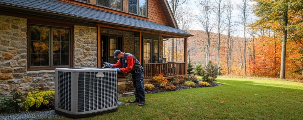 Technician in uniform working on an outdoor HVAC unit at a stone house surrounded by autumn trees.