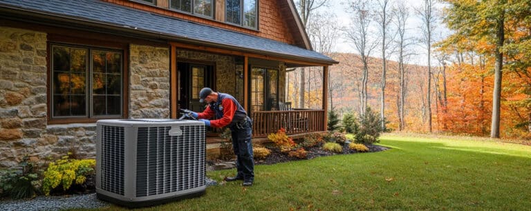 Technician in uniform working on an outdoor HVAC unit at a stone house surrounded by autumn trees.