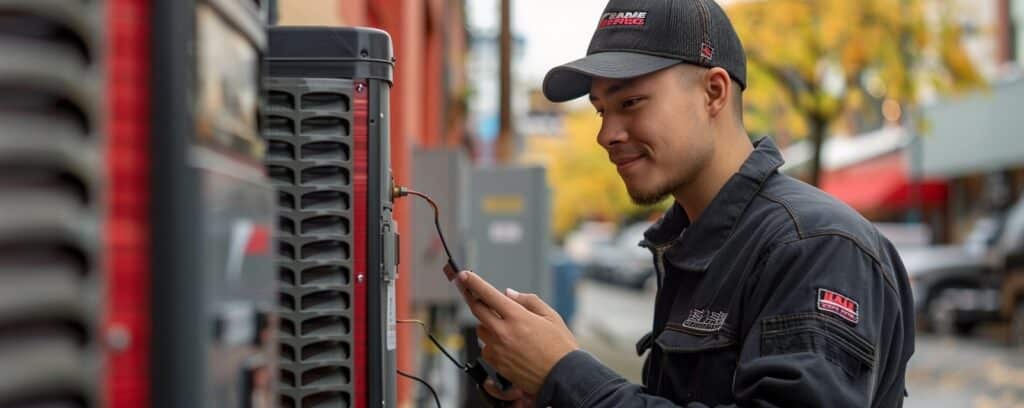 Technician in uniform working on outdoor HVAC unit with tools, on a street lined with autumn trees.