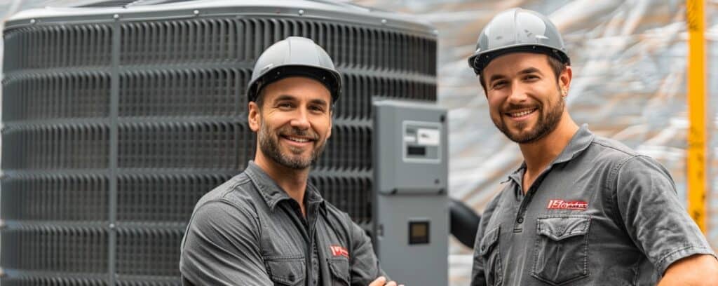Two smiling technicians in hard hats and uniforms stand in front of HVAC equipment outdoors.