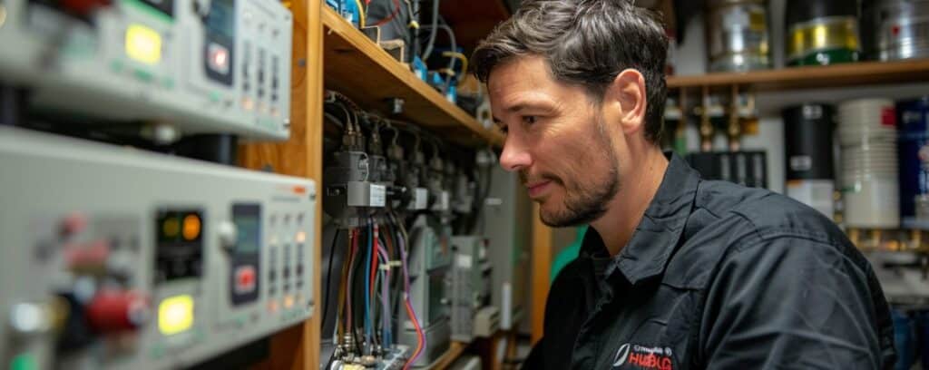 Man in black shirt working on electrical equipment, surrounded by wires and panels.