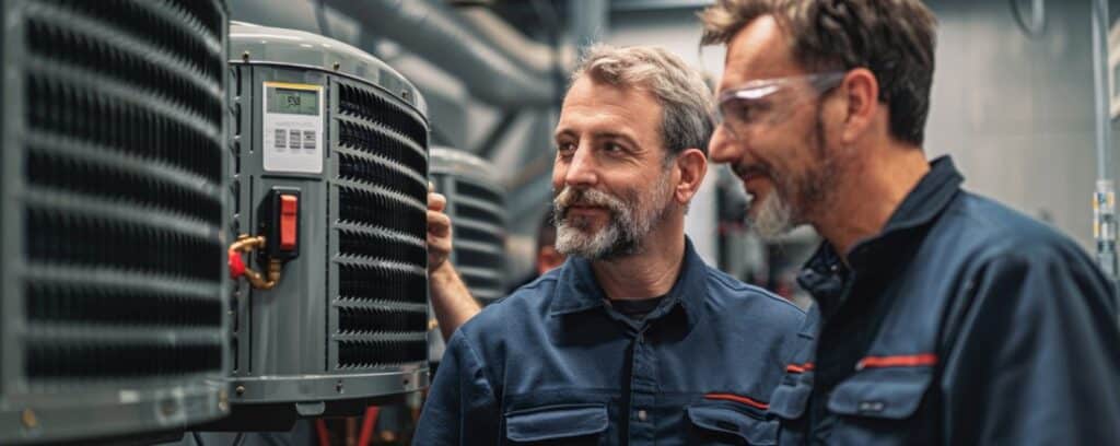 Two technicians in uniforms examining industrial equipment indoors.