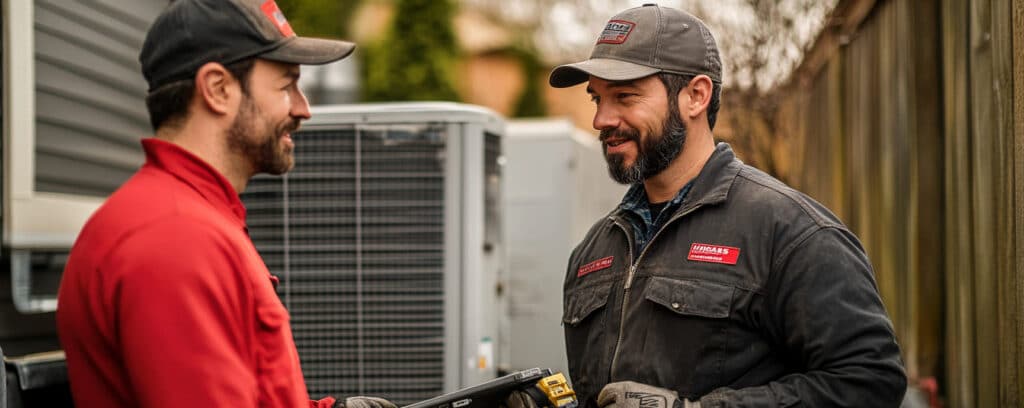 Two men in work uniforms smiling and talking near HVAC equipment outside.
