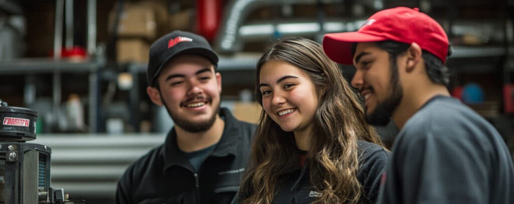 Three young adults in casual workwear smiling and looking at machinery in a workshop.
