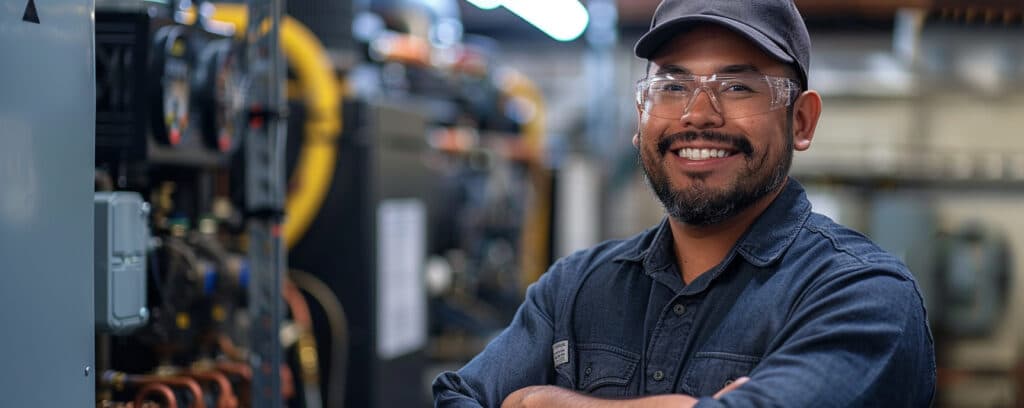 A smiling worker in safety glasses and a cap stands in front of industrial machinery.
