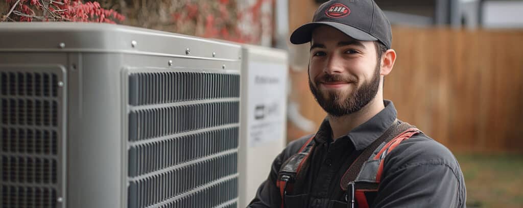 A technician in a cap and uniform smiles near an outdoor air conditioning unit.