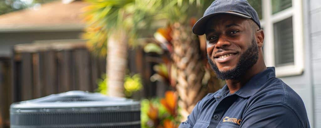 Man smiling next to an outdoor air conditioning unit, wearing a navy cap and shirt, with trees in the background.