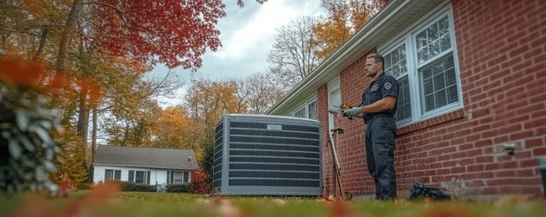 Technician servicing an outdoor HVAC unit next to a brick house amidst colorful autumn trees.