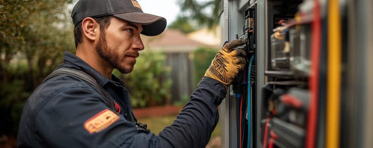 A technician in a cap and gloves works on an outdoor electrical panel.