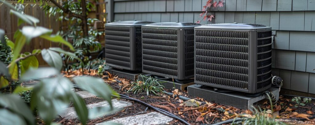 Three air conditioning units are lined up outside a building, surrounded by plants and a wooden wall.