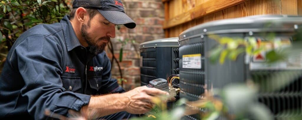 Technician in uniform repairing an outdoor air conditioning unit beside a brick wall and wooden fence.