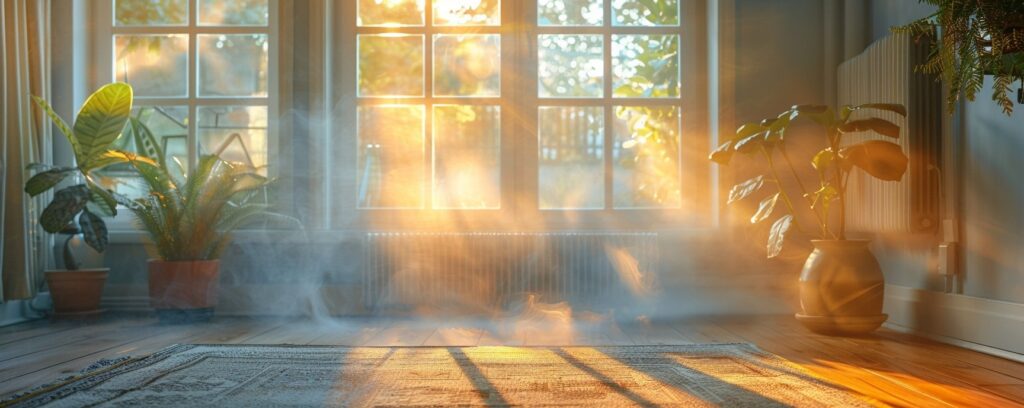 Sunlight streams through a window, illuminating a cozy room with potted plants and a patterned rug.