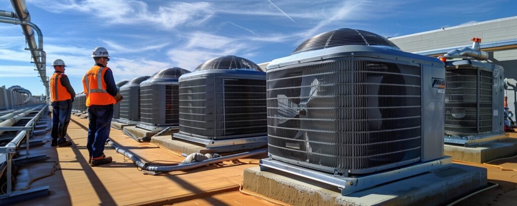 Two workers in safety gear inspect large rooftop air conditioning units under a clear blue sky.