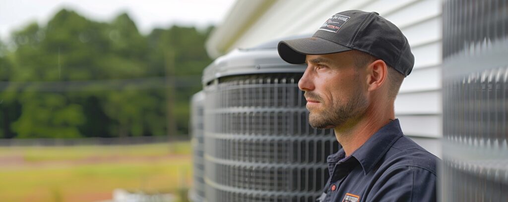 Man in a cap standing outside near large machinery, looking away. Trees and a building are in the background.