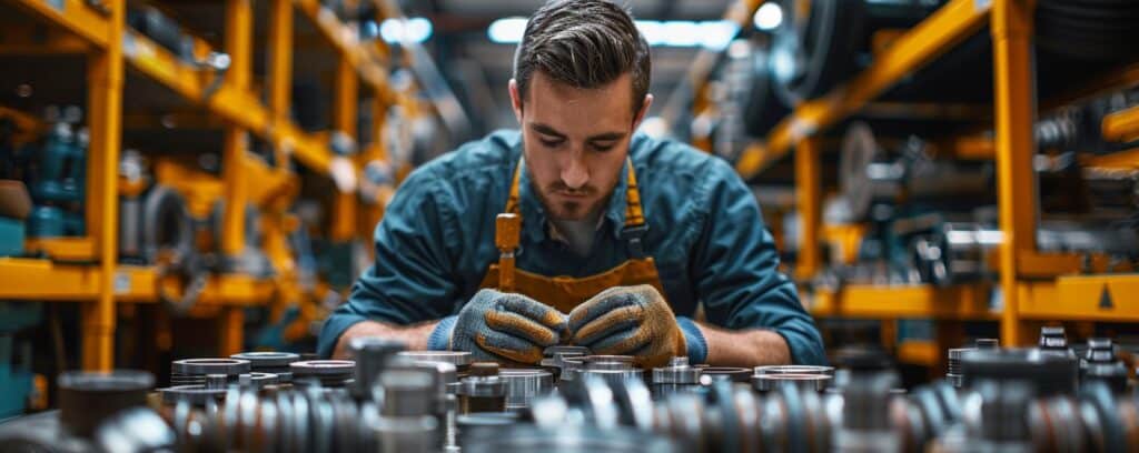 Worker in a warehouse focuses on assembling machinery parts, wearing gloves and an apron, surrounded by shelves.