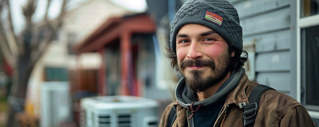 Man with a beard wearing a knit hat and brown jacket, smiling outdoors in an urban setting.