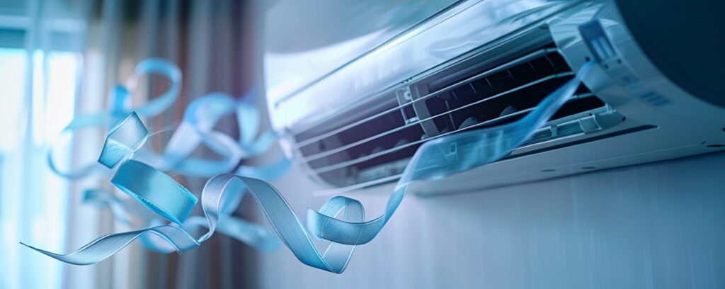 Air conditioner blowing cool air with swirling blue ribbons, against a softly lit room background.