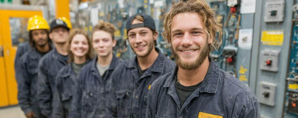 Six young adults in work uniforms stand in a row, smiling inside an industrial or workshop setting.