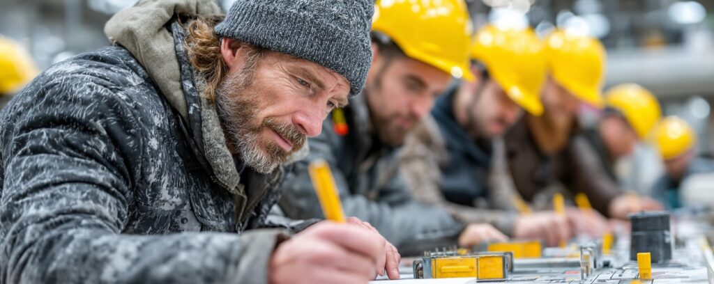 Men in yellow hard hats and winter jackets write on papers at a table in an industrial setting.