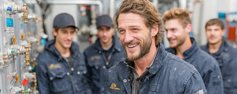 Five men in work uniforms smiling in an industrial setting with machinery in the background.